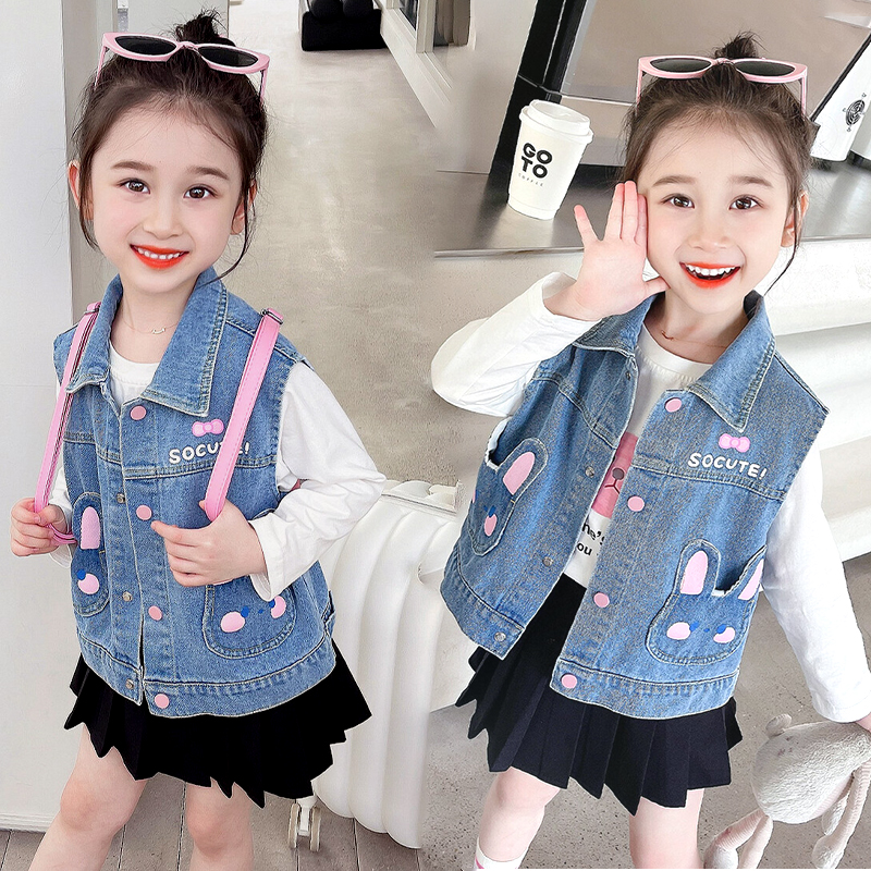 女童春秋款牛仔马甲小兔子宝宝背心洋气韩版儿童秋装外穿百搭马夹