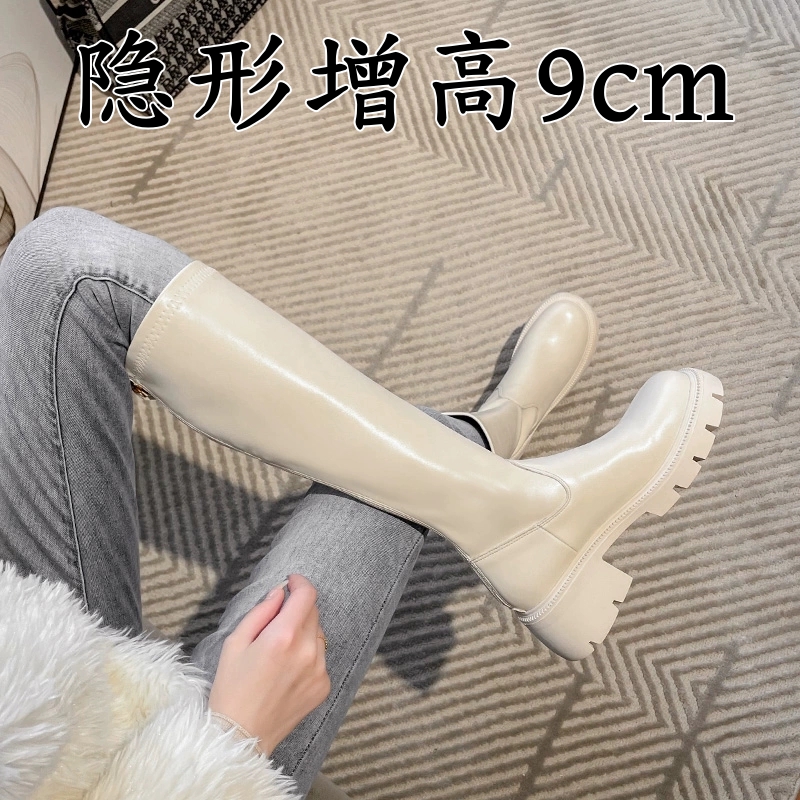 真皮长筒靴女新款白色加绒长靴内增高筒靴子女长筒靴小个子靴子