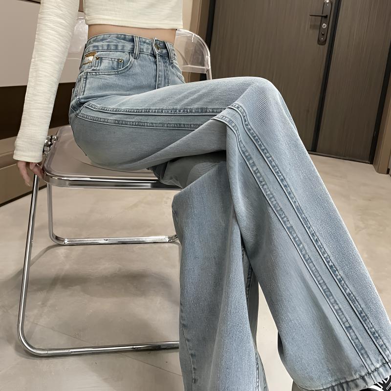 加绒直筒牛仔裤女秋冬新款浅蓝色高腰宽松窄版垂感窄版阔腿裤子