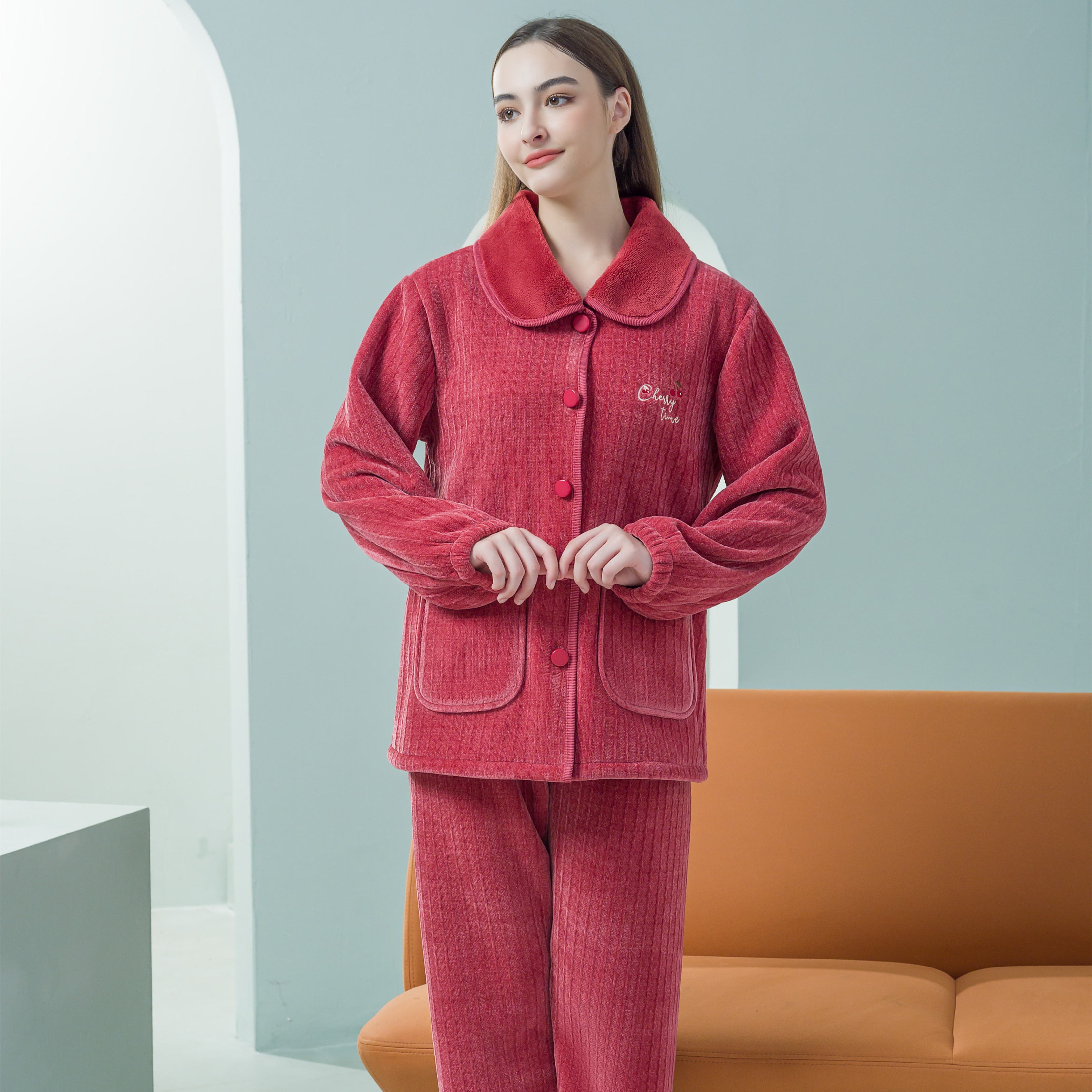 姬玛秋冬季加绒加厚保暖复合雪尼尔睡衣大码女士家居服套装238262