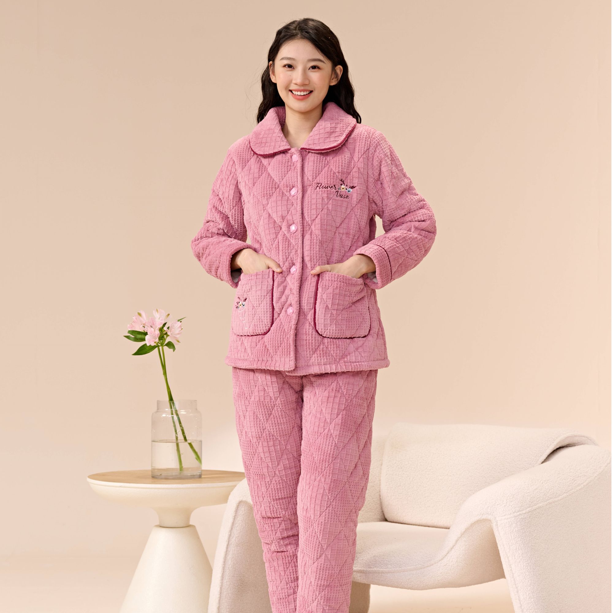 精选姬玛冬季三层加绒加厚夹棉女士保暖睡衣冬款家居服套装248329