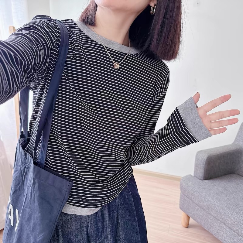 2025条纹双面绒上新假两件双面磨毛超柔条纹正肩长袖撞色保暖穿搭