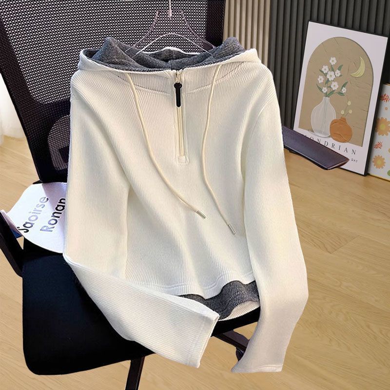 特大码200斤洋气chic双面磨毛半拉链连帽假两件卫衣女秋冬遮肉ins