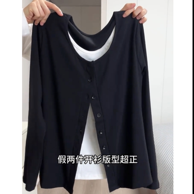 特大码200斤洋气小众排扣开衫正肩假两件上衣女秋百搭撞色ins上衣