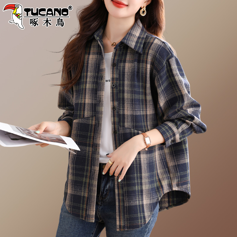 【官方】啄木鸟复古格子棉衬衫女款春秋新款宽松休闲长袖衬衣外套