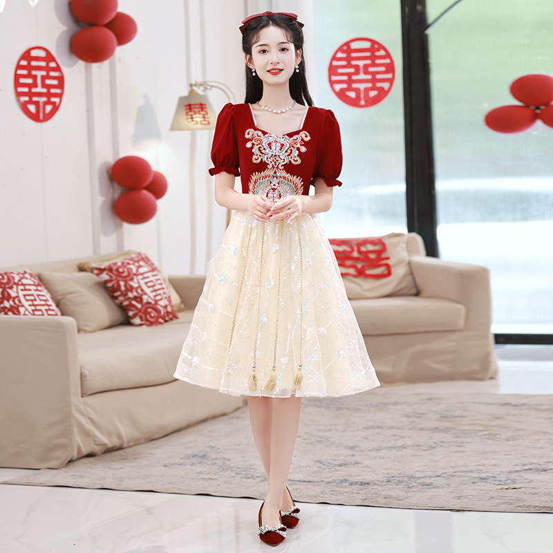 高腰孕妇敬酒服新娘仙气新款中长款气质优雅女连衣裙订婚礼服女