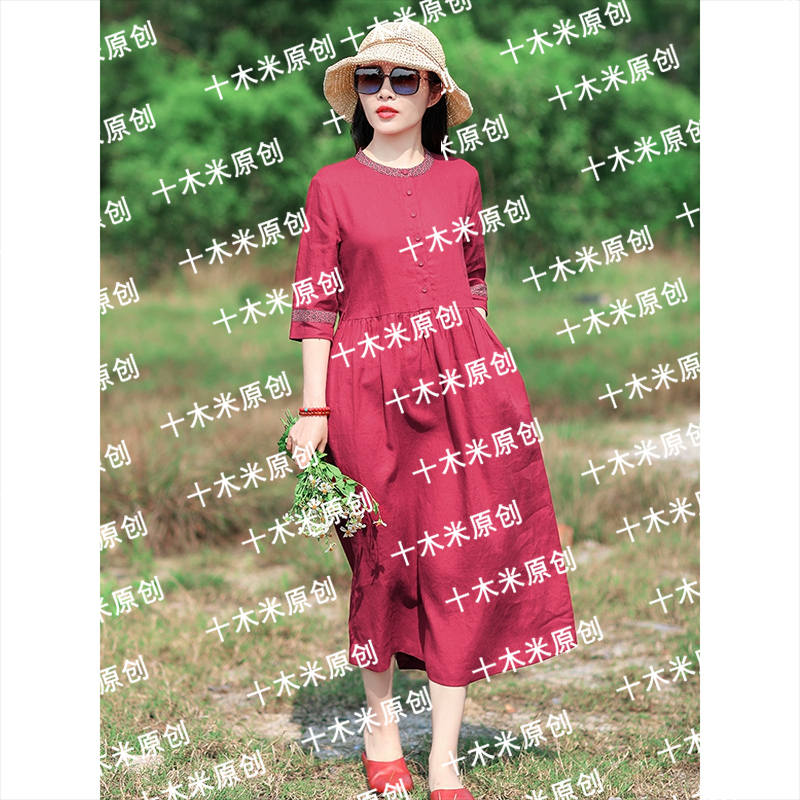 婉约词/十木米原创夏装新款14支亚麻文艺气质酒红色连衣裙