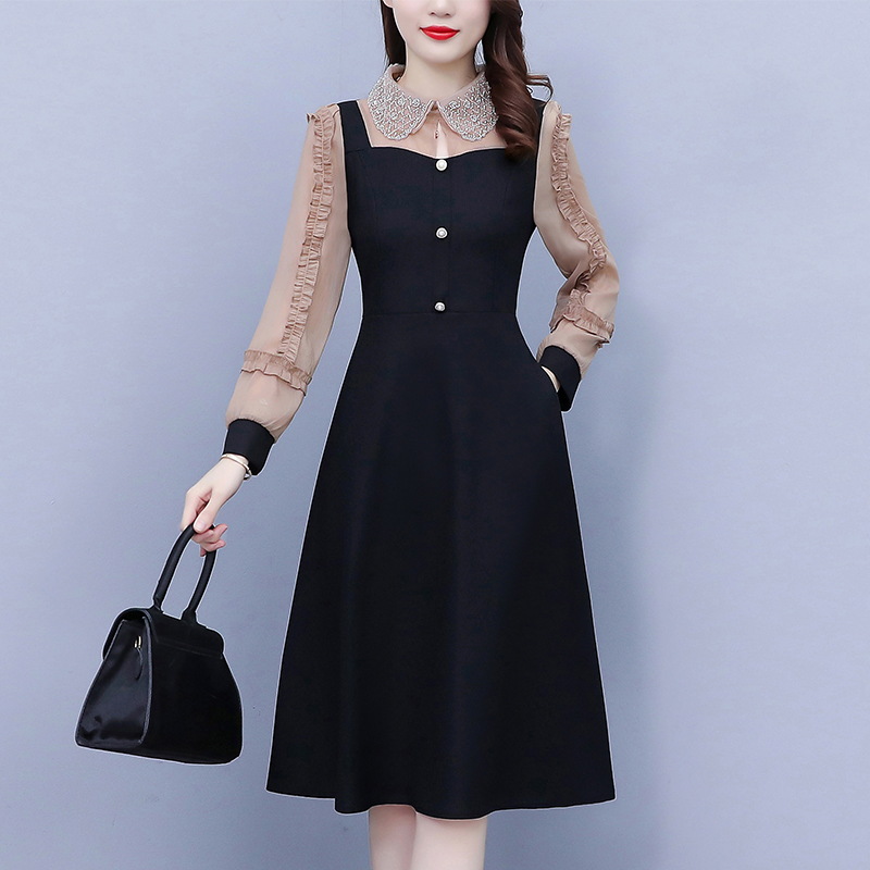 高端长袖气质收腰拼接打底连衣裙女装2024秋季新款显瘦中长款裙子