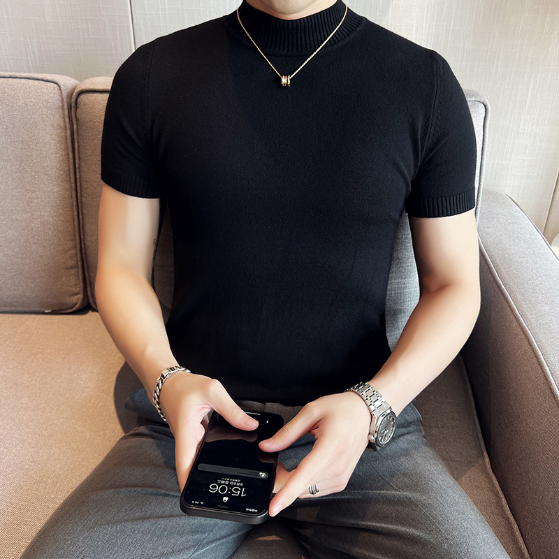 纯色修身半高领短袖针织衫男款爆款2025新款秋冬男士毛衣打底衫潮