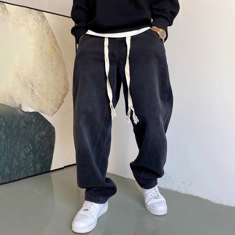 加肥加大码300斤秋季美式休闲痞帅直筒牛仔裤男宽松抽绳阔腿裤ins