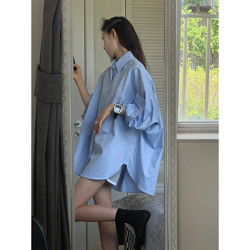 韩系慵懒风蓝色衬衫女春季新款设计感小众宽松休闲百搭叠穿上衣