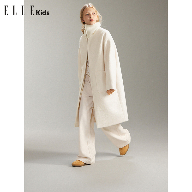 ELLE KIDS秋冬休闲宽松毛小个子针织拼接大翻领中长款呢大衣D3