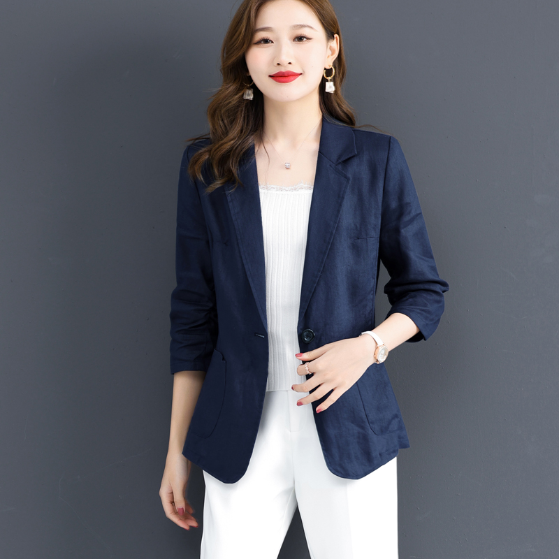 亚麻西装女夏季薄款高档高级感休闲七分袖修身气质显瘦外套小西服