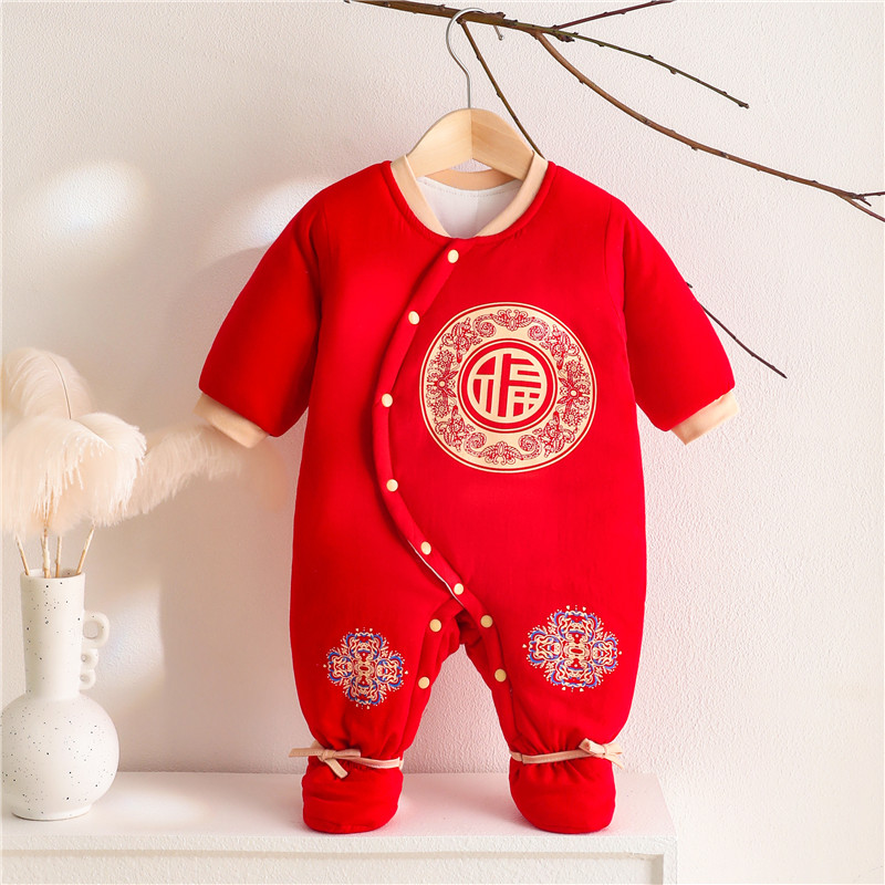 婴儿衣服秋冬新款宝宝拜年服加厚加绒连体衣新生儿棉服过新年喜庆