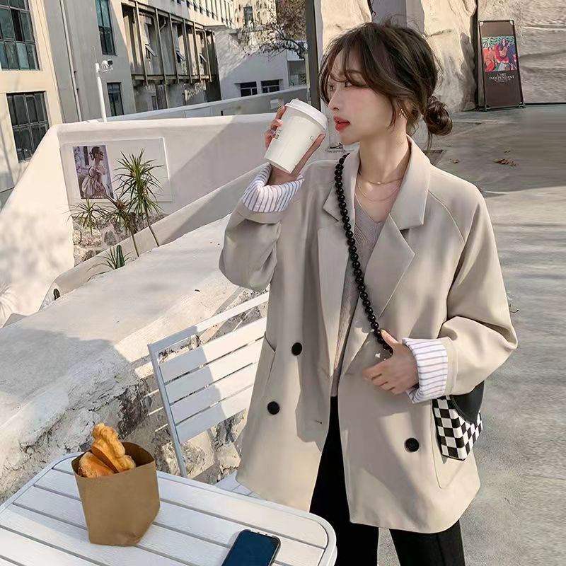 春秋新款休闲西装韩版中长款大码双排扣休闲西服外套女无垫肩外套