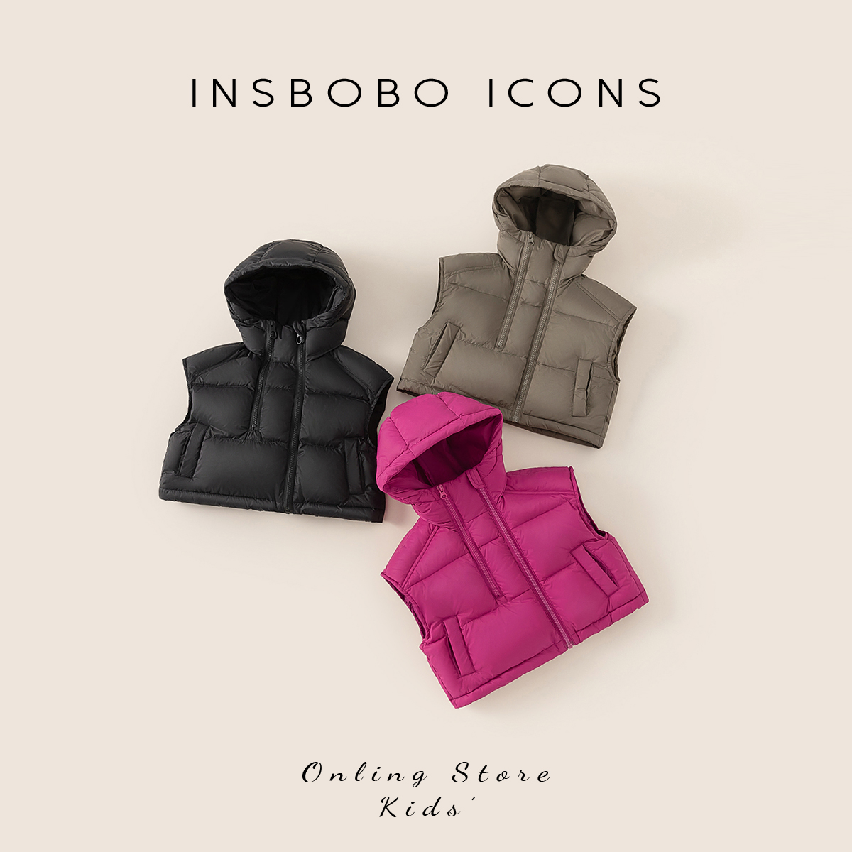 INSbobo冬款儿童简约保暖连帽羽绒外穿女童马甲洋气男童DY42004