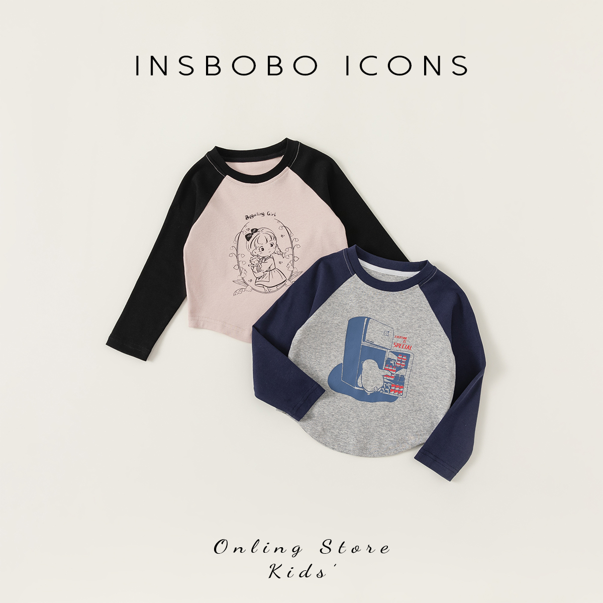 INSbobo儿童撞色印花T恤长袖休闲圆领套头春秋拼色打底衫CY24050