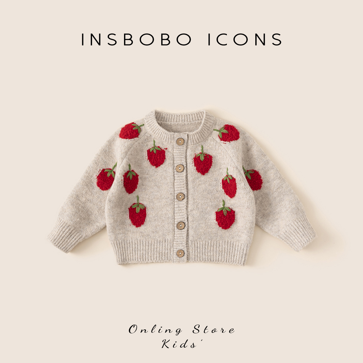 INSbobo儿童韩版开衫女童春秋新品上衣简约草莓毛衣开衫潮QY24281