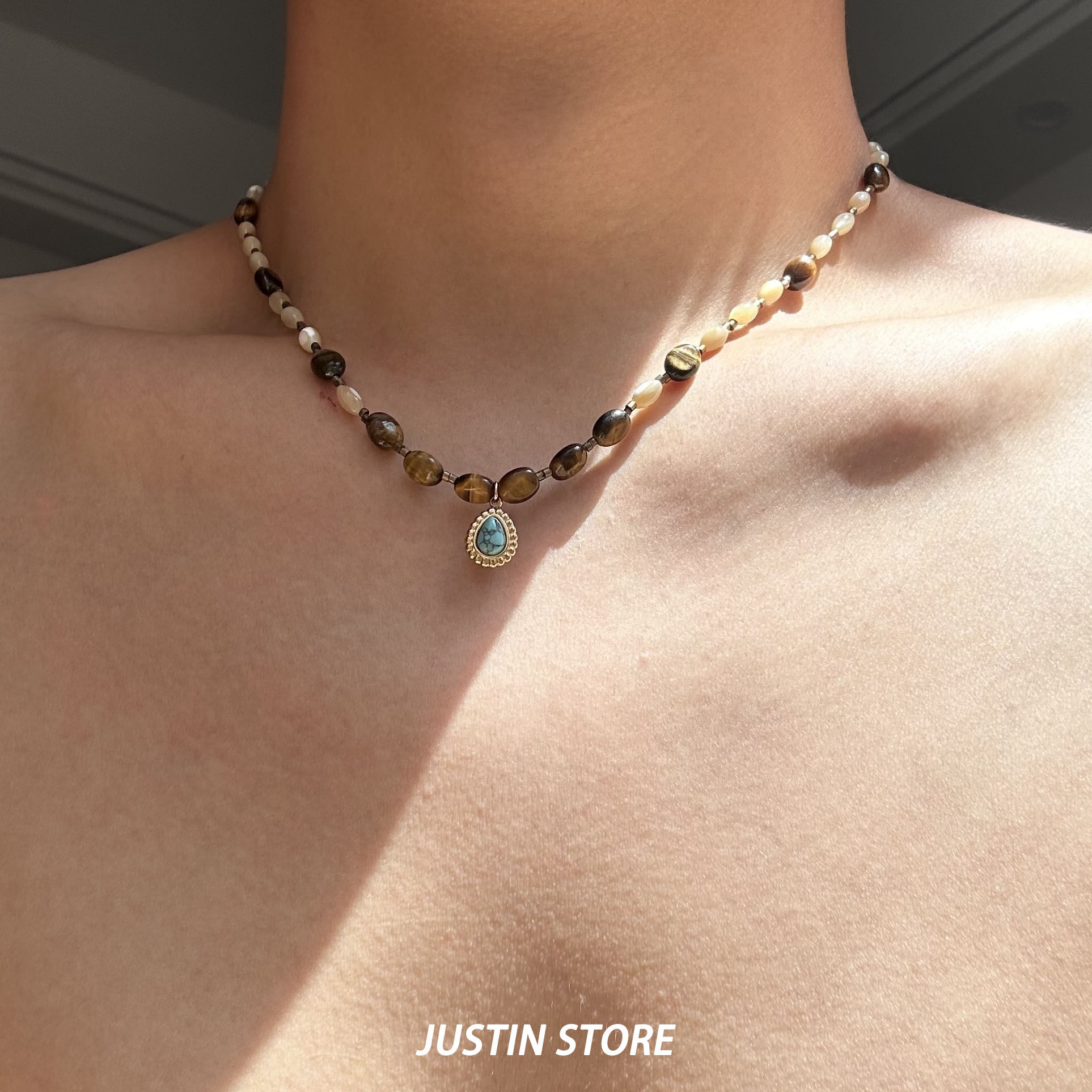 合金项链 秋冬新款美拉德复古手工串珠项链韩版博主通勤锁骨链