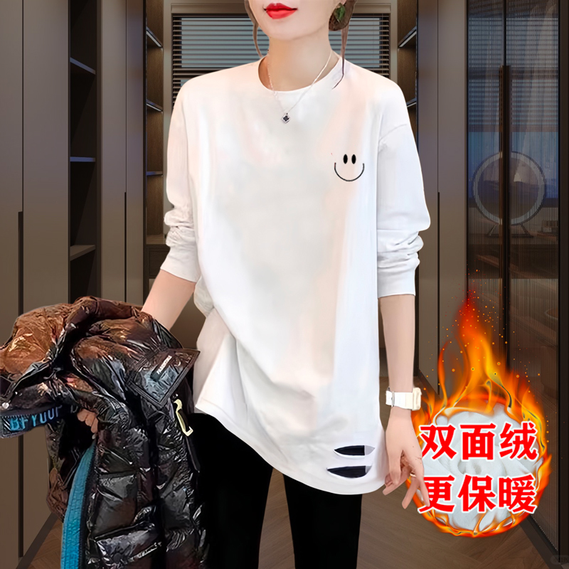 搭配卫衣德绒打底衫女秋冬季白色长袖T恤中长款洋气内搭叠穿上衣