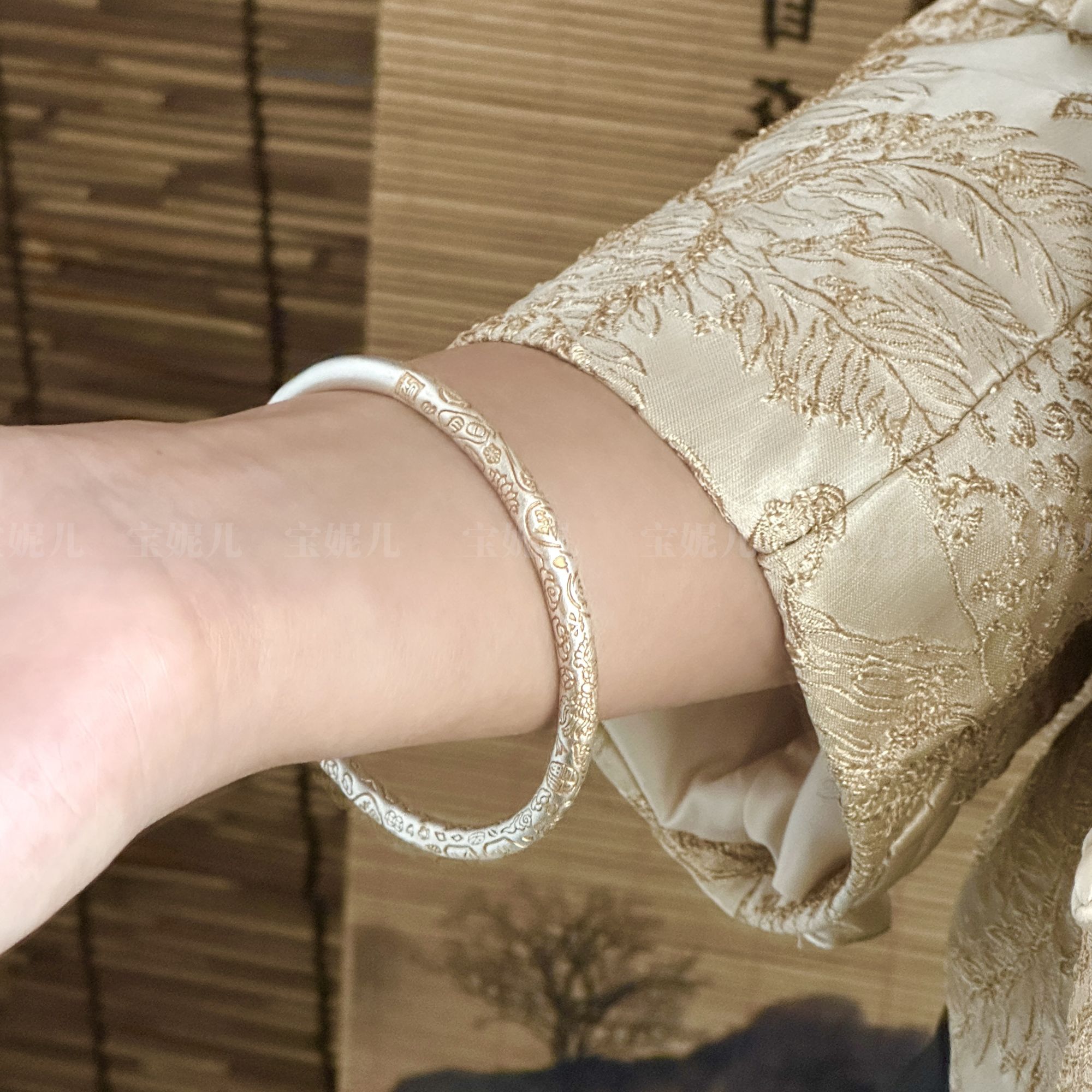 足银手镯 吉言招财猫9999纯银手镯描金平安喜乐闭口银镯子新中式