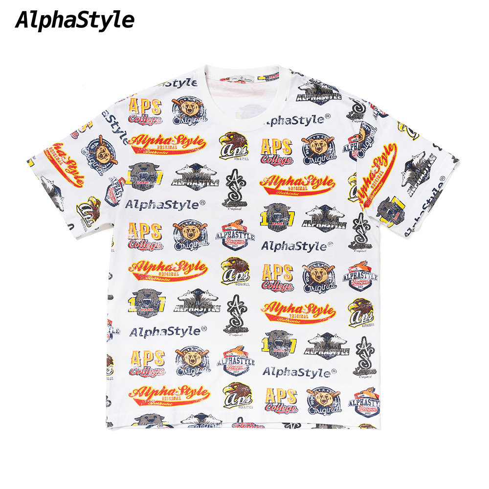 AlphaStyle夏季满印纯棉圆领短袖设计师款个性透气休闲印花T恤