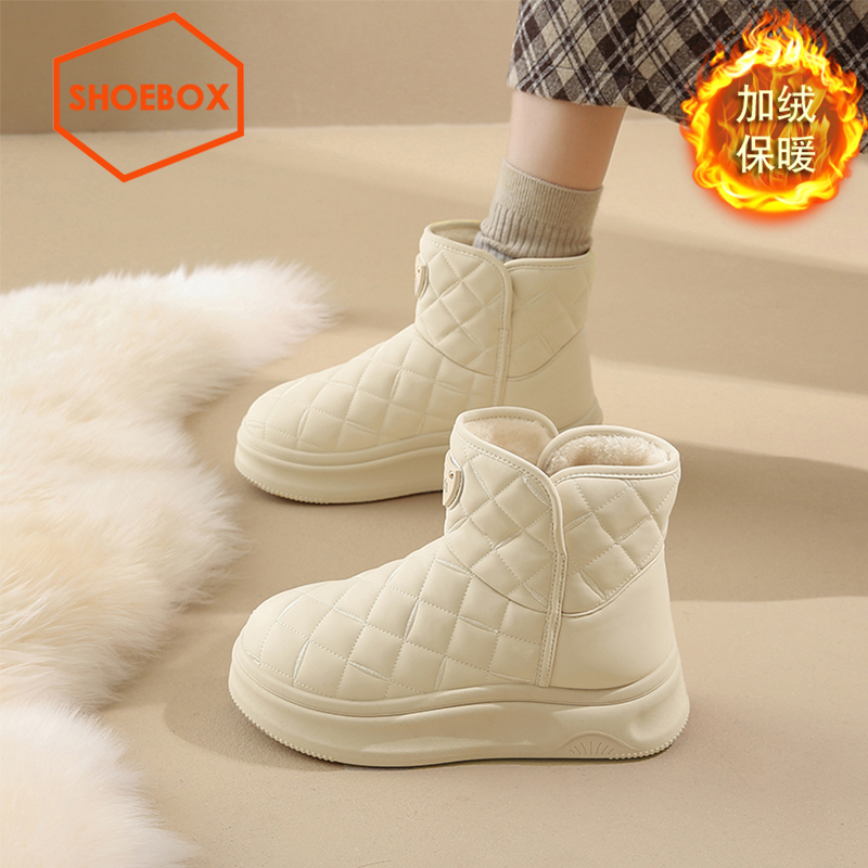 达芙妮旗下鞋柜雪地靴女冬季加绒东北棉鞋白色皮面防水防滑面包鞋