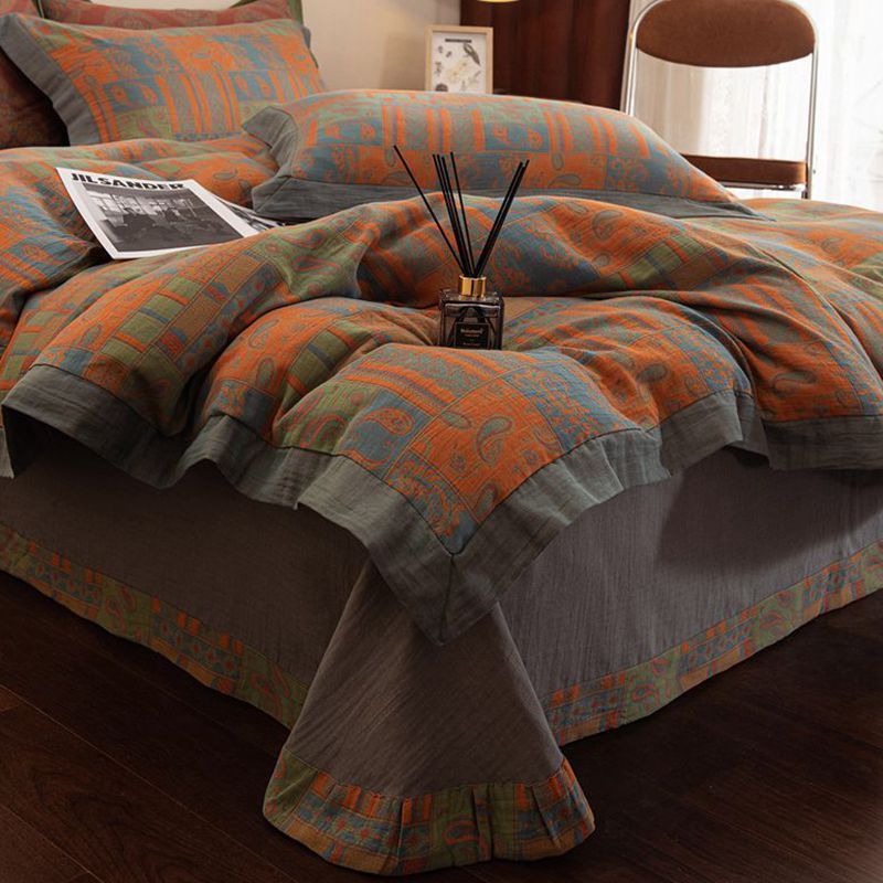 复古风A类60支全棉双层纱四件套100纯棉床单被套褶皱纱布床上用品