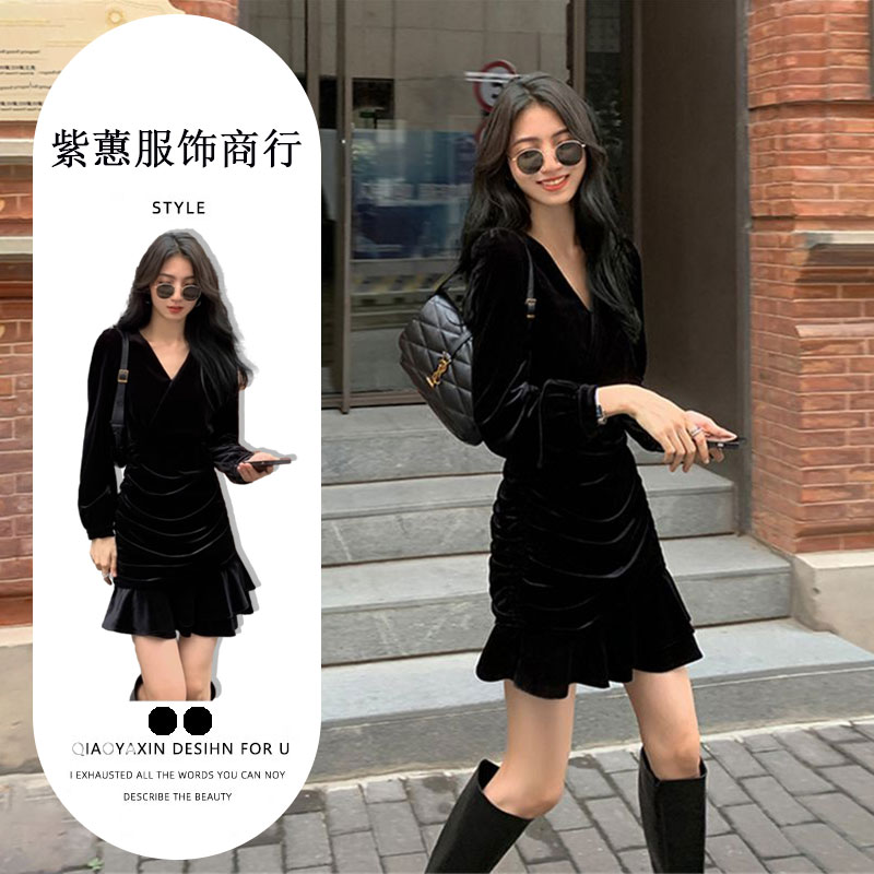 秋冬季新款黑色V领礼服赫本风修身显瘦收腰裙子鱼尾金丝绒连衣裙