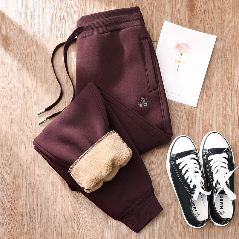 咖色加绒运动裤女秋冬特厚羊羔绒卫裤棕色加厚保暖巨厚棉裤外穿