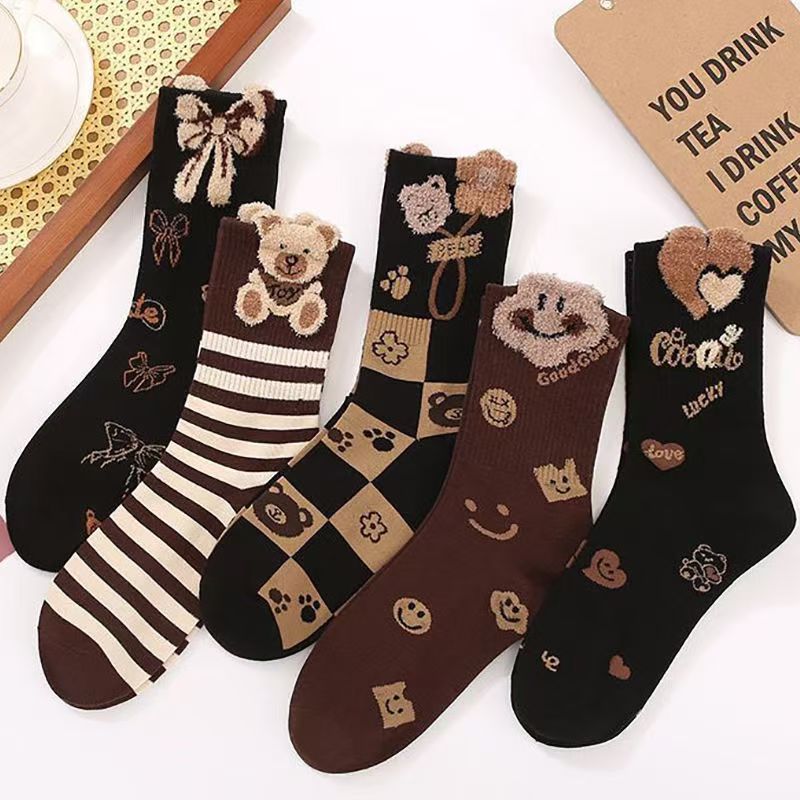 羽毛纱条纹小熊女士新款5双带装中长筒棉袜