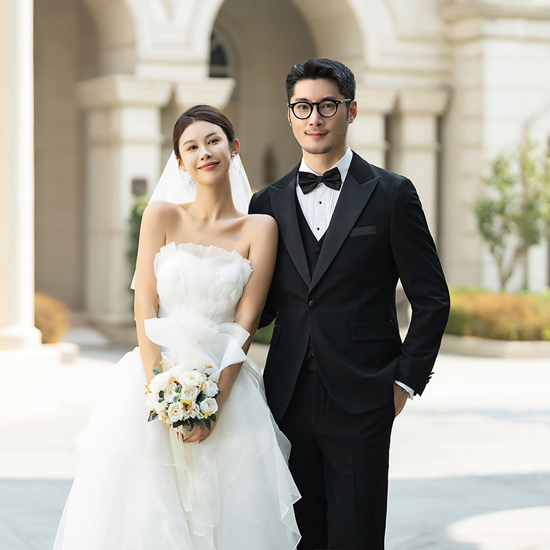 男士婚礼韩版修身拼接缎面西服套装黑色休闲结婚西装商务LJT914