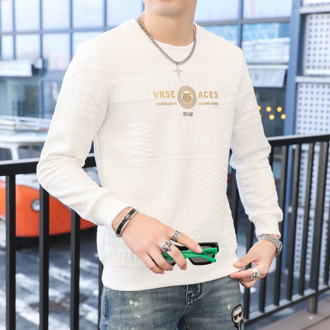 新款夹棉时尚休闲潮流卫衣重工打底衫长袖男士加绒轻奢针织圆领