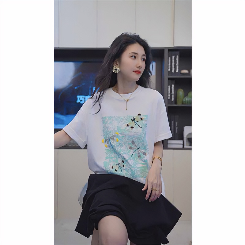 小乖逃D设计师时尚风蜻蜓夏季休闲白色T恤小众圆领百搭纯棉6261