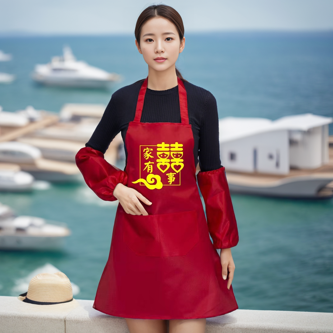 喜事围裙结婚喜庆红色婚庆印字防污成人男女袖套耐脏简约乔迁婚宴