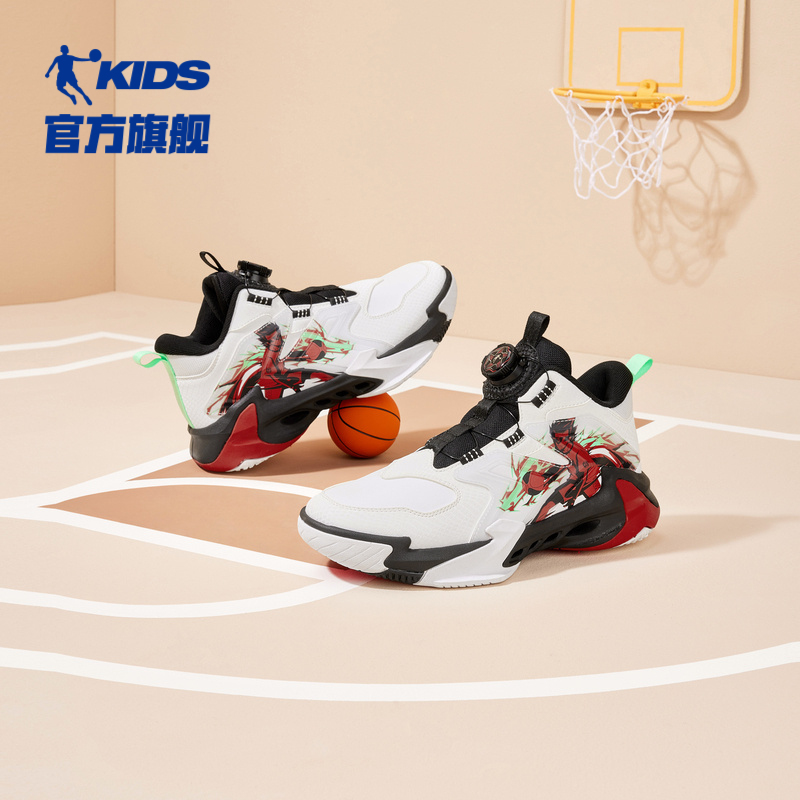 中国乔丹儿童秋季新款革面防水旋纽扣篮球鞋男童中大童防滑运动鞋