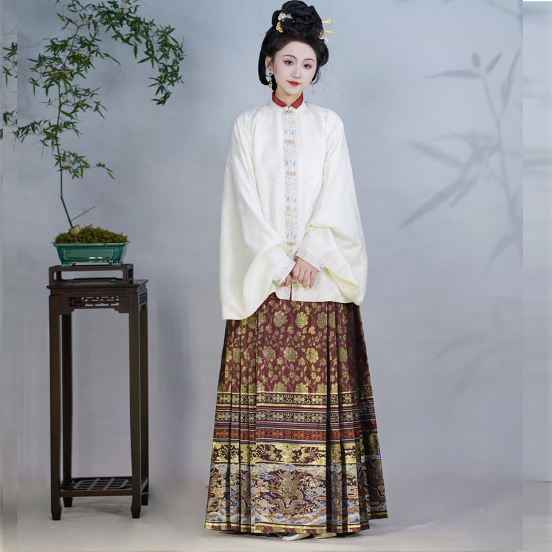 【花洛茜】原创汉服织金妆花满地金六对褶一片式马面裙明制琵琶袖