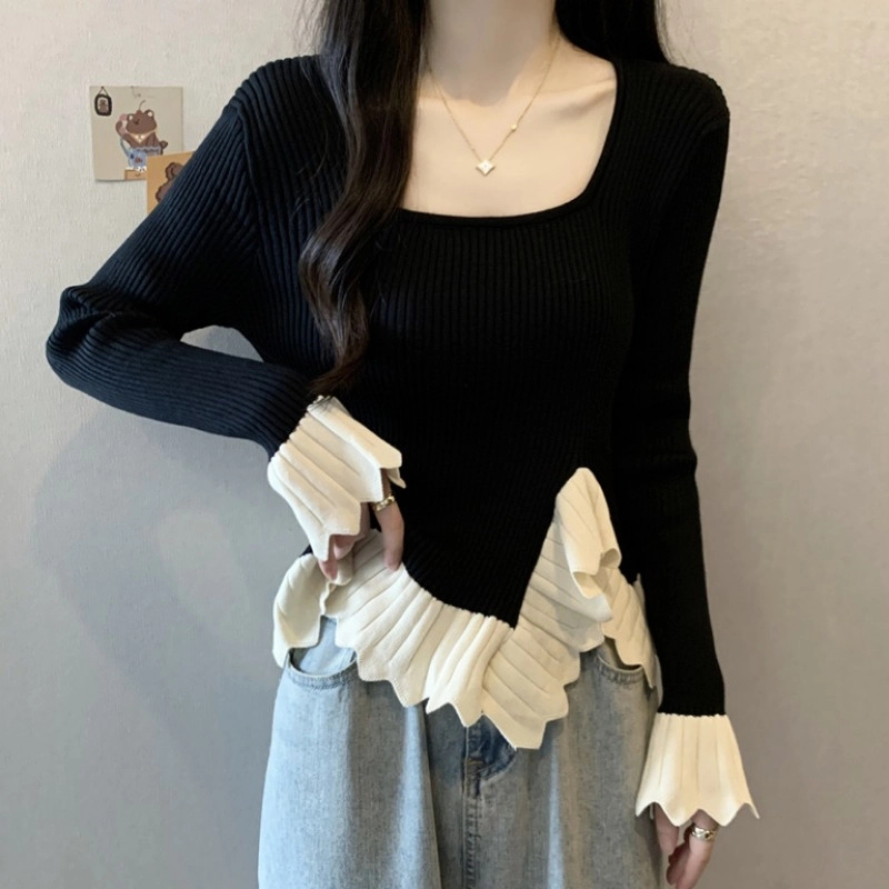 大码荷叶边方领长袖针织打底衫女春秋新款胖MM修身显瘦不规则上衣