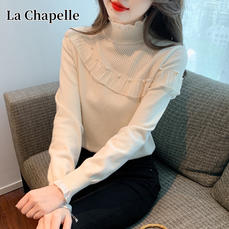 拉夏贝尔2024秋冬荷叶边钉珠百搭打底衫新款半高领设计感针织上衣