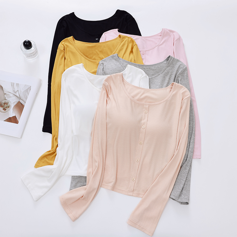 长袖罗纹短款上衣带胸垫女内穿打底衫纽扣装饰薄款纯色无钢圈T恤