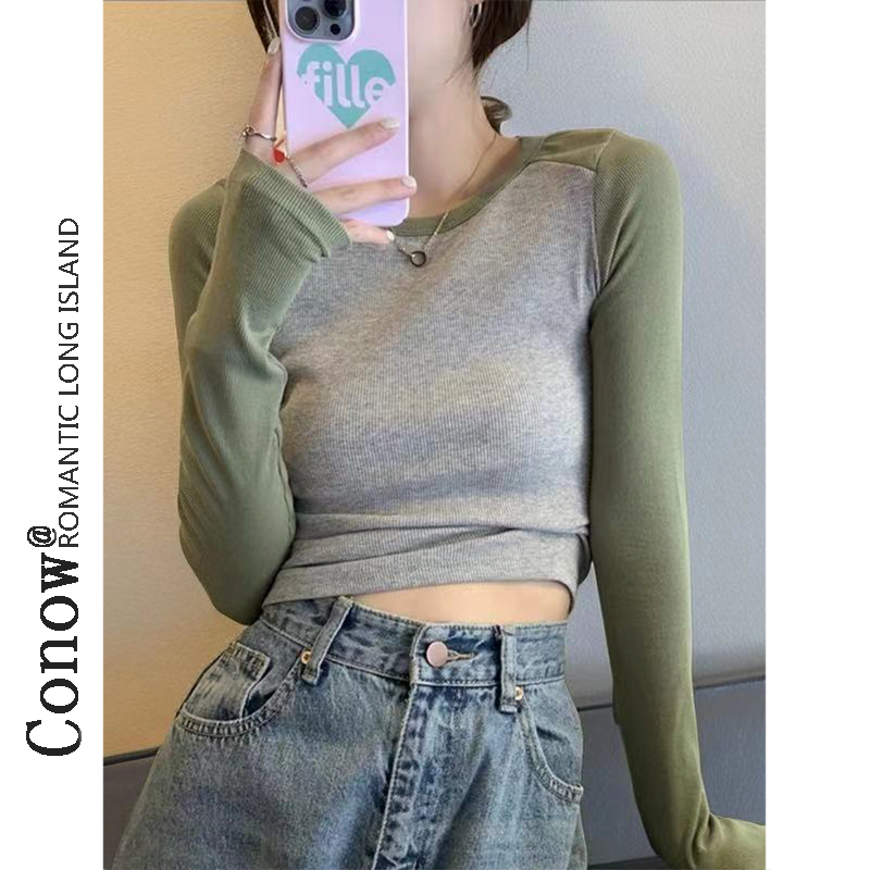 正肩长袖t恤女春秋新款插肩袖学院风螺纹修身撞色拼接打底衫