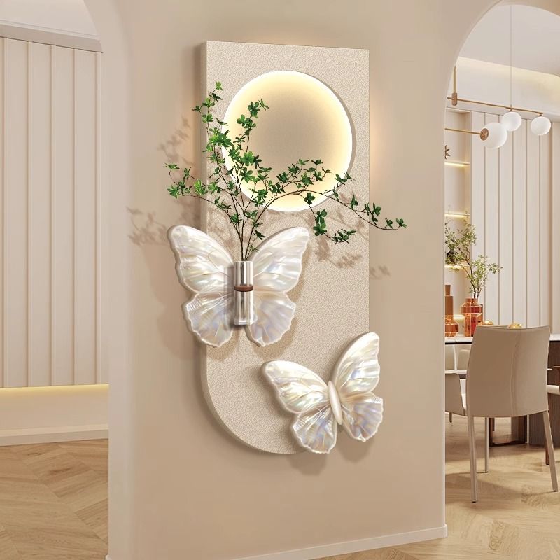 水培绿植玄关装饰画砂岩入户走廊尽头挂画奶油风客厅立体蝴蝶壁画