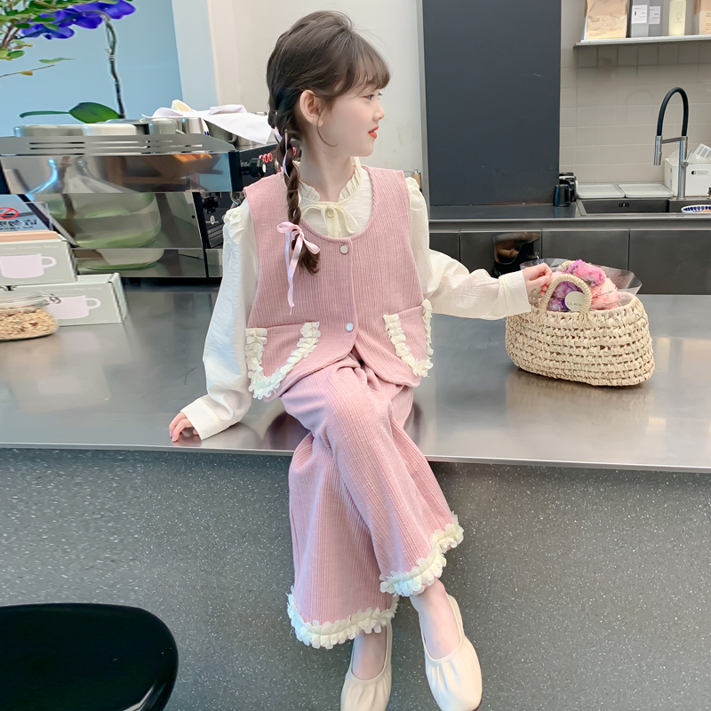 女童秋装套装2025新款儿童洋气时髦女孩春秋款花瓣秋季马甲三件套