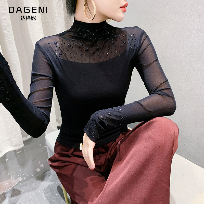 洋气半高领烫钻网纱打底衫女装秋冬新款独特别致内搭上衣长袖t恤