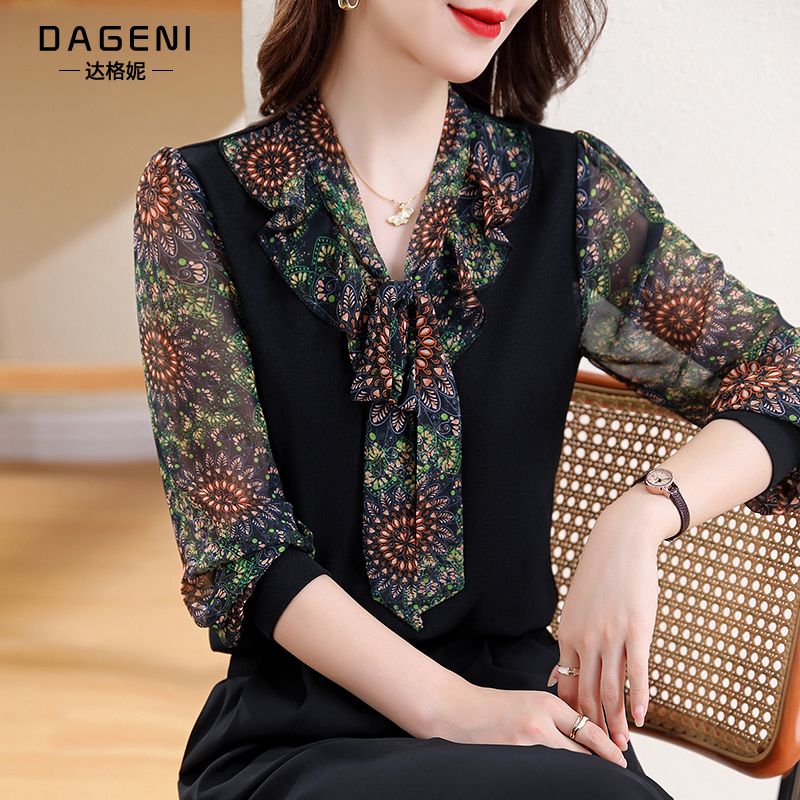 法式飘带蝴蝶结印花雪纺衫女秋装设计感长袖上衣妈妈宽松洋气小衫