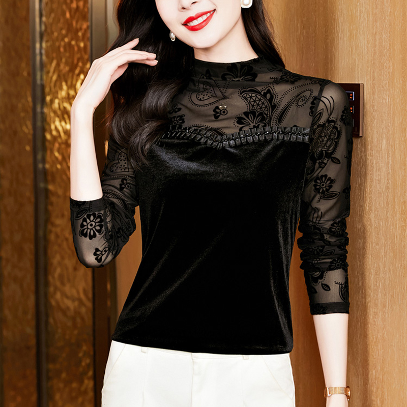 新款气质半高领时尚打底衫女长袖上衣春秋洋气蕾丝减龄妈妈小衫女