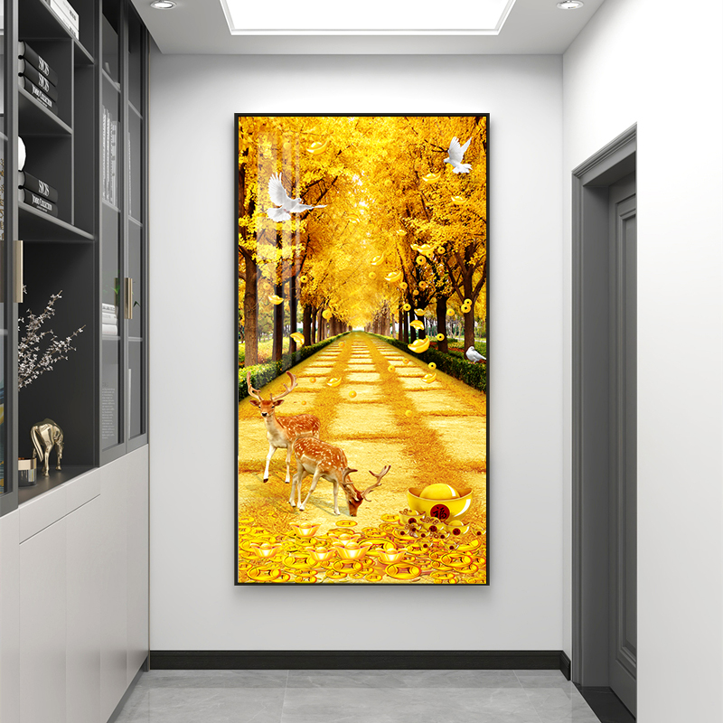 【黄金大道】入户玄关装饰画M现代过道走廊尽头壁画-晶瓷镶钻带灯