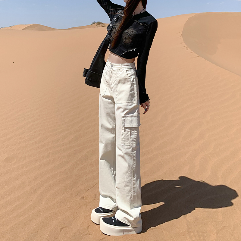 米杏色美式工装裤女直筒2025春秋新款高腰显瘦秋季窄版阔腿牛仔裤