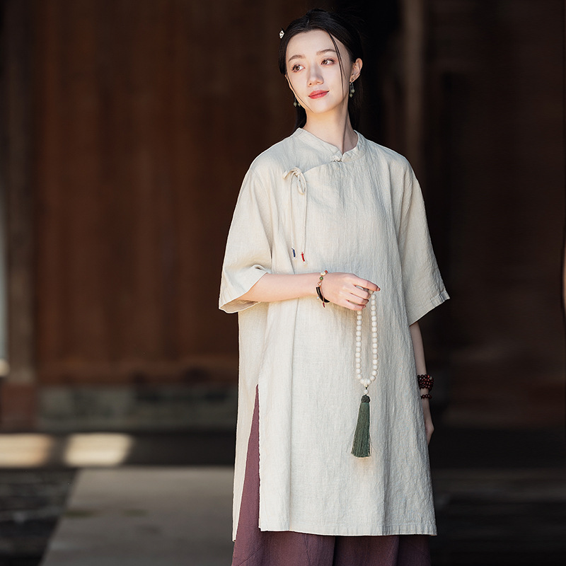 中式唐装复古盘扣立领系带中长款宽松大码上衣佛系禅意茶服居士服