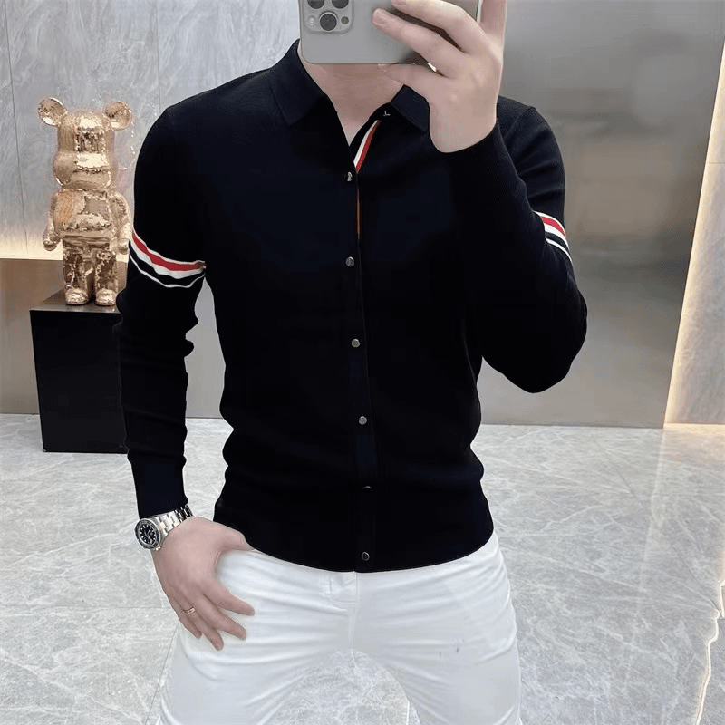 秋冬欧货潮牌新款网红简约条纹翻领针织毛衣男时尚修身百搭长袖潮